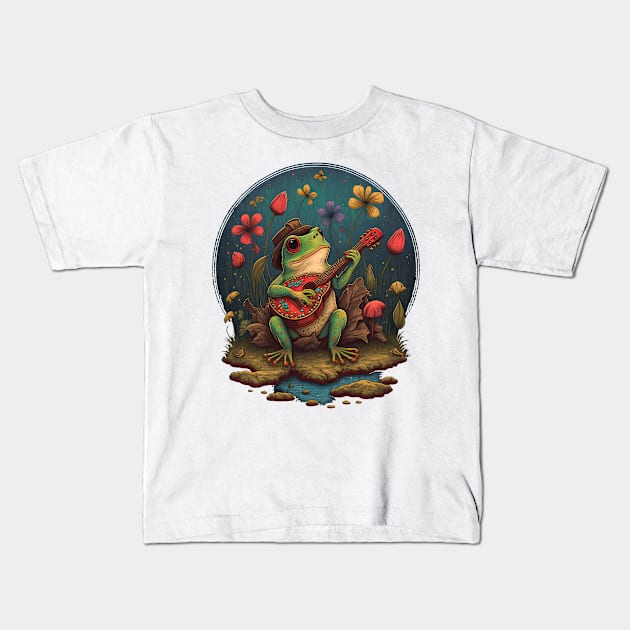 Cottagecore aesthetic cute frog playing ukelele on Mushroom Kids T-Shirt by JayD World